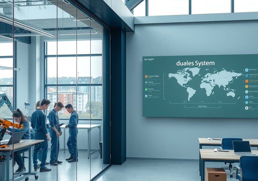 A photorealistic 16:9 image depicting a modern, bright German vocational school classroom connected seamlessly to an industrial workshop floor through a large glass wall. On one side, a young diverse group of apprentices in blue work uniforms are collaborating on a technical project at a clean workbench with laptops and machinery, including a robotic arm and a 3D printer. On the other side, a light-filled classroom with a digital blackboard showing a diagram of duales System and a world map with glowing dots on Europe and other continents. In the background, a window reveals a low-density German cityscape with affordable apartment buildings and a train station, under a soft blue sky. The atmosphere is professional, dynamic, and welcoming, with no text or visible faces.