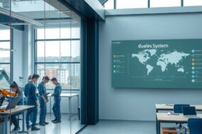 A photorealistic 16:9 image depicting a modern, bright German vocational school classroom connected seamlessly to an industrial workshop floor through a large glass wall. On one side, a young diverse group of apprentices in blue work uniforms are collaborating on a technical project at a clean workbench with laptops and machinery, including a robotic arm and a 3D printer. On the other side, a light-filled classroom with a digital blackboard showing a diagram of duales System and a world map with glowing dots on Europe and other continents. In the background, a window reveals a low-density German cityscape with affordable apartment buildings and a train station, under a soft blue sky. The atmosphere is professional, dynamic, and welcoming, with no text or visible faces.