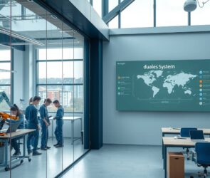 A photorealistic 16:9 image depicting a modern, bright German vocational school classroom connected seamlessly to an industrial workshop floor through a large glass wall. On one side, a young diverse group of apprentices in blue work uniforms are collaborating on a technical project at a clean workbench with laptops and machinery, including a robotic arm and a 3D printer. On the other side, a light-filled classroom with a digital blackboard showing a diagram of duales System and a world map with glowing dots on Europe and other continents. In the background, a window reveals a low-density German cityscape with affordable apartment buildings and a train station, under a soft blue sky. The atmosphere is professional, dynamic, and welcoming, with no text or visible faces.