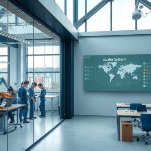 A photorealistic 16:9 image depicting a modern, bright German vocational school classroom connected seamlessly to an industrial workshop floor through a large glass wall. On one side, a young diverse group of apprentices in blue work uniforms are collaborating on a technical project at a clean workbench with laptops and machinery, including a robotic arm and a 3D printer. On the other side, a light-filled classroom with a digital blackboard showing a diagram of duales System and a world map with glowing dots on Europe and other continents. In the background, a window reveals a low-density German cityscape with affordable apartment buildings and a train station, under a soft blue sky. The atmosphere is professional, dynamic, and welcoming, with no text or visible faces.