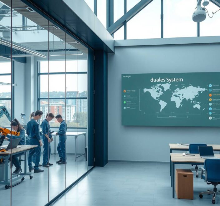 A photorealistic 16:9 image depicting a modern, bright German vocational school classroom connected seamlessly to an industrial workshop floor through a large glass wall. On one side, a young diverse group of apprentices in blue work uniforms are collaborating on a technical project at a clean workbench with laptops and machinery, including a robotic arm and a 3D printer. On the other side, a light-filled classroom with a digital blackboard showing a diagram of duales System and a world map with glowing dots on Europe and other continents. In the background, a window reveals a low-density German cityscape with affordable apartment buildings and a train station, under a soft blue sky. The atmosphere is professional, dynamic, and welcoming, with no text or visible faces.