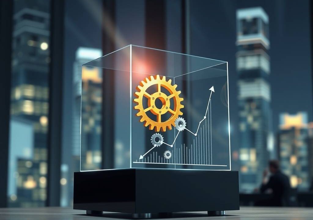 A dynamic, photorealistic 16:9 image depicting the modern sales ecosystem. In the foreground, a sleek, transparent glass cube sits on a polished desk. Inside the cube, a glowing golden gear mechanism interconnects with smaller silver gears, symbolizing strategy and performance-driven success. A subtle, upward-trending financial graph is holographically projected beside it.

The background is a sophisticated, blurred office environment in a corporate skyscraper, with city lights visible through large windows, representing the B2B sector. A focused beam of light illuminates the central cube, casting sharp, confident shadows. The overall color palette is professional: deep blues, charcoal grey, with strategic accents of gold and silver. The composition conveys motion, precision, and high-stakes opportunity.