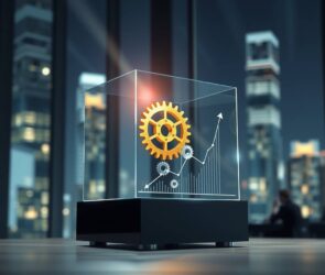 A dynamic, photorealistic 16:9 image depicting the modern sales ecosystem. In the foreground, a sleek, transparent glass cube sits on a polished desk. Inside the cube, a glowing golden gear mechanism interconnects with smaller silver gears, symbolizing strategy and performance-driven success. A subtle, upward-trending financial graph is holographically projected beside it.

The background is a sophisticated, blurred office environment in a corporate skyscraper, with city lights visible through large windows, representing the B2B sector. A focused beam of light illuminates the central cube, casting sharp, confident shadows. The overall color palette is professional: deep blues, charcoal grey, with strategic accents of gold and silver. The composition conveys motion, precision, and high-stakes opportunity.