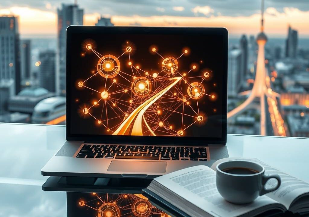 A photorealistic, 16:9 image depicting the dynamic German IT market. The foreground shows a sleek, modern laptop on a glass desk. On its screen, a complex, glowing network graph is in motion, with some nodes and connections pulsing brighter than others, symbolizing high-demand technology stacks. In the background, slightly out of focus, is a cityscape of Frankfurt or Berlin with modern skyscrapers, representing the business environment. A clear path of light, like a road or a beam, leads from the laptop into the vibrant city, suggesting opportunity and career progression. On the desk, next to the laptop, lies an open, elegant guidebook with its pages subtly glowing, and a single, fresh cup of specialty coffee. The lighting is professional, clean, and futuristic, with a focus on technology, growth, and strategic direction. No text or human faces are visible.
