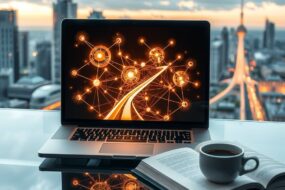 A photorealistic, 16:9 image depicting the dynamic German IT market. The foreground shows a sleek, modern laptop on a glass desk. On its screen, a complex, glowing network graph is in motion, with some nodes and connections pulsing brighter than others, symbolizing high-demand technology stacks. In the background, slightly out of focus, is a cityscape of Frankfurt or Berlin with modern skyscrapers, representing the business environment. A clear path of light, like a road or a beam, leads from the laptop into the vibrant city, suggesting opportunity and career progression. On the desk, next to the laptop, lies an open, elegant guidebook with its pages subtly glowing, and a single, fresh cup of specialty coffee. The lighting is professional, clean, and futuristic, with a focus on technology, growth, and strategic direction. No text or human faces are visible.