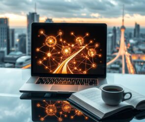 A photorealistic, 16:9 image depicting the dynamic German IT market. The foreground shows a sleek, modern laptop on a glass desk. On its screen, a complex, glowing network graph is in motion, with some nodes and connections pulsing brighter than others, symbolizing high-demand technology stacks. In the background, slightly out of focus, is a cityscape of Frankfurt or Berlin with modern skyscrapers, representing the business environment. A clear path of light, like a road or a beam, leads from the laptop into the vibrant city, suggesting opportunity and career progression. On the desk, next to the laptop, lies an open, elegant guidebook with its pages subtly glowing, and a single, fresh cup of specialty coffee. The lighting is professional, clean, and futuristic, with a focus on technology, growth, and strategic direction. No text or human faces are visible.