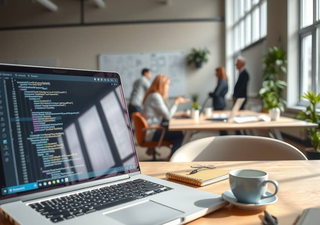 A photorealistic, wide-angle shot of a modern German co-working space, softly lit by natural light from large windows. In the foreground, an open laptop displays code on a dark IDE screen, with a coffee cup and a small notebook beside it. Blurred in the background, diverse professionals are collaborating at sleek wooden desks and standing near a whiteboard filled with abstract flowcharts. The atmosphere is energetic yet focused, with warm neutral tones and subtle green plants. The composition is clean, professional, and cinematic, suitable for a 16:9 aspect ratio.