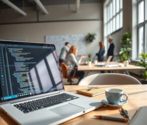 A photorealistic, wide-angle shot of a modern German co-working space, softly lit by natural light from large windows. In the foreground, an open laptop displays code on a dark IDE screen, with a coffee cup and a small notebook beside it. Blurred in the background, diverse professionals are collaborating at sleek wooden desks and standing near a whiteboard filled with abstract flowcharts. The atmosphere is energetic yet focused, with warm neutral tones and subtle green plants. The composition is clean, professional, and cinematic, suitable for a 16:9 aspect ratio.