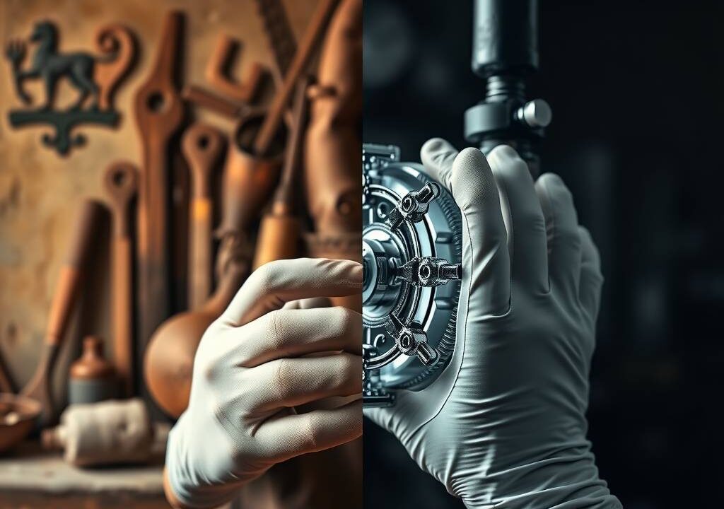 A photorealistic 16:9 image split into two distinct halves. On the left, a warm, softly focused background of a traditional workshop with aged wooden tools, a worn leather apron, and a faint, out-of-focus glimpse of an old guild crest on a wall. The right half is sharp, bright, and modern, featuring the gleaming, intricate components of a high-tech machine or a precision-engineered product, like a part for renewable energy technology or advanced robotics, being assembled by a pair of skilled hands wearing clean, contemporary work gloves. The lighting transitions from a warm, golden hue on the left to a cool, bright, clinical light on the right, symbolizing the blend of tradition and innovation. The composition emphasizes craftsmanship, quality, and forward-looking industry without showing any faces or text.
