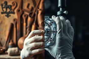 A photorealistic 16:9 image split into two distinct halves. On the left, a warm, softly focused background of a traditional workshop with aged wooden tools, a worn leather apron, and a faint, out-of-focus glimpse of an old guild crest on a wall. The right half is sharp, bright, and modern, featuring the gleaming, intricate components of a high-tech machine or a precision-engineered product, like a part for renewable energy technology or advanced robotics, being assembled by a pair of skilled hands wearing clean, contemporary work gloves. The lighting transitions from a warm, golden hue on the left to a cool, bright, clinical light on the right, symbolizing the blend of tradition and innovation. The composition emphasizes craftsmanship, quality, and forward-looking industry without showing any faces or text.
