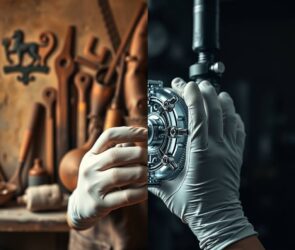 A photorealistic 16:9 image split into two distinct halves. On the left, a warm, softly focused background of a traditional workshop with aged wooden tools, a worn leather apron, and a faint, out-of-focus glimpse of an old guild crest on a wall. The right half is sharp, bright, and modern, featuring the gleaming, intricate components of a high-tech machine or a precision-engineered product, like a part for renewable energy technology or advanced robotics, being assembled by a pair of skilled hands wearing clean, contemporary work gloves. The lighting transitions from a warm, golden hue on the left to a cool, bright, clinical light on the right, symbolizing the blend of tradition and innovation. The composition emphasizes craftsmanship, quality, and forward-looking industry without showing any faces or text.