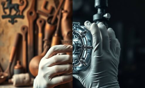 A photorealistic 16:9 image split into two distinct halves. On the left, a warm, softly focused background of a traditional workshop with aged wooden tools, a worn leather apron, and a faint, out-of-focus glimpse of an old guild crest on a wall. The right half is sharp, bright, and modern, featuring the gleaming, intricate components of a high-tech machine or a precision-engineered product, like a part for renewable energy technology or advanced robotics, being assembled by a pair of skilled hands wearing clean, contemporary work gloves. The lighting transitions from a warm, golden hue on the left to a cool, bright, clinical light on the right, symbolizing the blend of tradition and innovation. The composition emphasizes craftsmanship, quality, and forward-looking industry without showing any faces or text.