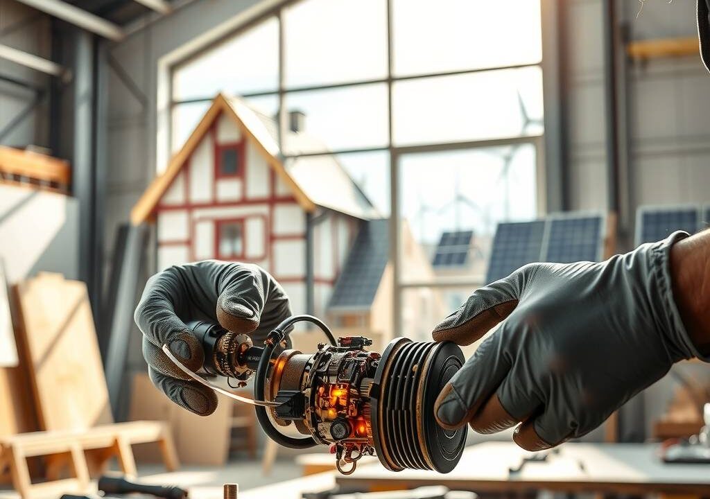 A photorealistic 16:9 image depicting the modern German craftsmanship. In the foreground, a skilled artisan's hands, wearing clean work gloves, are assembling a complex, precision component that blends traditional metalwork with integrated digital circuitry and glowing fiber optic lines. The background is a bright, high-tech workshop. Through a large window, a symbolic transition is visible: on one side, a classic half-timbered house under construction, and on the other, modern wind turbines and solar panels on a rooftop, bathed in sunlight. The focus is on the fusion of old and new, hands-on skill and innovation.