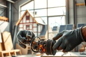 A photorealistic 16:9 image depicting the modern German craftsmanship. In the foreground, a skilled artisan's hands, wearing clean work gloves, are assembling a complex, precision component that blends traditional metalwork with integrated digital circuitry and glowing fiber optic lines. The background is a bright, high-tech workshop. Through a large window, a symbolic transition is visible: on one side, a classic half-timbered house under construction, and on the other, modern wind turbines and solar panels on a rooftop, bathed in sunlight. The focus is on the fusion of old and new, hands-on skill and innovation.
