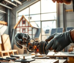 A photorealistic 16:9 image depicting the modern German craftsmanship. In the foreground, a skilled artisan's hands, wearing clean work gloves, are assembling a complex, precision component that blends traditional metalwork with integrated digital circuitry and glowing fiber optic lines. The background is a bright, high-tech workshop. Through a large window, a symbolic transition is visible: on one side, a classic half-timbered house under construction, and on the other, modern wind turbines and solar panels on a rooftop, bathed in sunlight. The focus is on the fusion of old and new, hands-on skill and innovation.