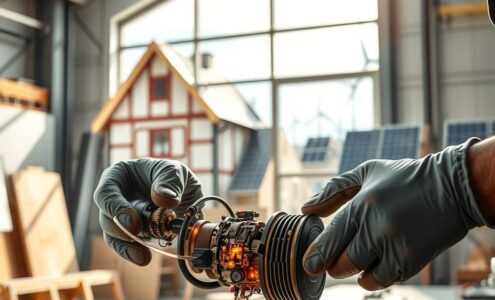 A photorealistic 16:9 image depicting the modern German craftsmanship. In the foreground, a skilled artisan's hands, wearing clean work gloves, are assembling a complex, precision component that blends traditional metalwork with integrated digital circuitry and glowing fiber optic lines. The background is a bright, high-tech workshop. Through a large window, a symbolic transition is visible: on one side, a classic half-timbered house under construction, and on the other, modern wind turbines and solar panels on a rooftop, bathed in sunlight. The focus is on the fusion of old and new, hands-on skill and innovation.