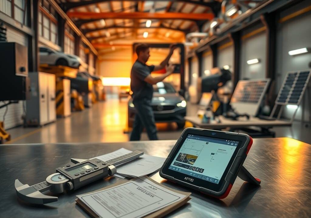 A wide-angle, photorealistic scene of a modern German workshop at sunrise. In the foreground, a precision tool, such as a caliper or a Mechatroniker’s multimeter, rests on a clean, steel workbench next to a glowing tablet displaying a digital blueprint. In the midground, a blurred silhouette of a skilled tradesperson in workwear adjusts a high-tech heating and plumbing system. The background reveals a spacious, orderly workshop filled with rows of equipment, including a partially visible electric vehicle lift and solar panel components, bathed in warm, golden light. The composition emphasizes craftsmanship, technology, and industrial scale, with a 16:9 aspect ratio, no text, and no visible faces.