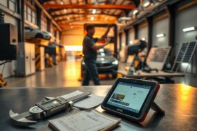 A wide-angle, photorealistic scene of a modern German workshop at sunrise. In the foreground, a precision tool, such as a caliper or a Mechatroniker’s multimeter, rests on a clean, steel workbench next to a glowing tablet displaying a digital blueprint. In the midground, a blurred silhouette of a skilled tradesperson in workwear adjusts a high-tech heating and plumbing system. The background reveals a spacious, orderly workshop filled with rows of equipment, including a partially visible electric vehicle lift and solar panel components, bathed in warm, golden light. The composition emphasizes craftsmanship, technology, and industrial scale, with a 16:9 aspect ratio, no text, and no visible faces.