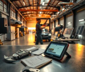 A wide-angle, photorealistic scene of a modern German workshop at sunrise. In the foreground, a precision tool, such as a caliper or a Mechatroniker’s multimeter, rests on a clean, steel workbench next to a glowing tablet displaying a digital blueprint. In the midground, a blurred silhouette of a skilled tradesperson in workwear adjusts a high-tech heating and plumbing system. The background reveals a spacious, orderly workshop filled with rows of equipment, including a partially visible electric vehicle lift and solar panel components, bathed in warm, golden light. The composition emphasizes craftsmanship, technology, and industrial scale, with a 16:9 aspect ratio, no text, and no visible faces.