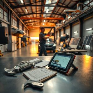 A wide-angle, photorealistic scene of a modern German workshop at sunrise. In the foreground, a precision tool, such as a caliper or a Mechatroniker’s multimeter, rests on a clean, steel workbench next to a glowing tablet displaying a digital blueprint. In the midground, a blurred silhouette of a skilled tradesperson in workwear adjusts a high-tech heating and plumbing system. The background reveals a spacious, orderly workshop filled with rows of equipment, including a partially visible electric vehicle lift and solar panel components, bathed in warm, golden light. The composition emphasizes craftsmanship, technology, and industrial scale, with a 16:9 aspect ratio, no text, and no visible faces.
