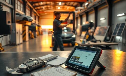 A wide-angle, photorealistic scene of a modern German workshop at sunrise. In the foreground, a precision tool, such as a caliper or a Mechatroniker’s multimeter, rests on a clean, steel workbench next to a glowing tablet displaying a digital blueprint. In the midground, a blurred silhouette of a skilled tradesperson in workwear adjusts a high-tech heating and plumbing system. The background reveals a spacious, orderly workshop filled with rows of equipment, including a partially visible electric vehicle lift and solar panel components, bathed in warm, golden light. The composition emphasizes craftsmanship, technology, and industrial scale, with a 16:9 aspect ratio, no text, and no visible faces.