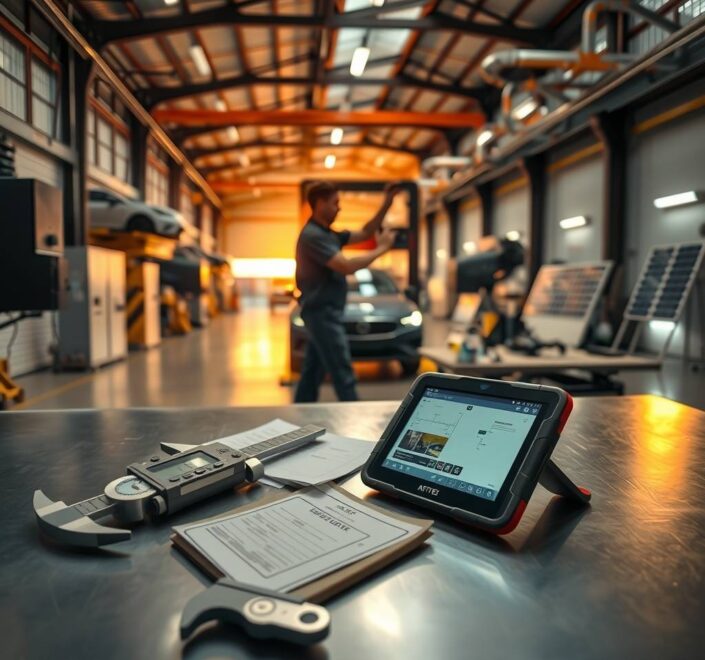 A wide-angle, photorealistic scene of a modern German workshop at sunrise. In the foreground, a precision tool, such as a caliper or a Mechatroniker’s multimeter, rests on a clean, steel workbench next to a glowing tablet displaying a digital blueprint. In the midground, a blurred silhouette of a skilled tradesperson in workwear adjusts a high-tech heating and plumbing system. The background reveals a spacious, orderly workshop filled with rows of equipment, including a partially visible electric vehicle lift and solar panel components, bathed in warm, golden light. The composition emphasizes craftsmanship, technology, and industrial scale, with a 16:9 aspect ratio, no text, and no visible faces.