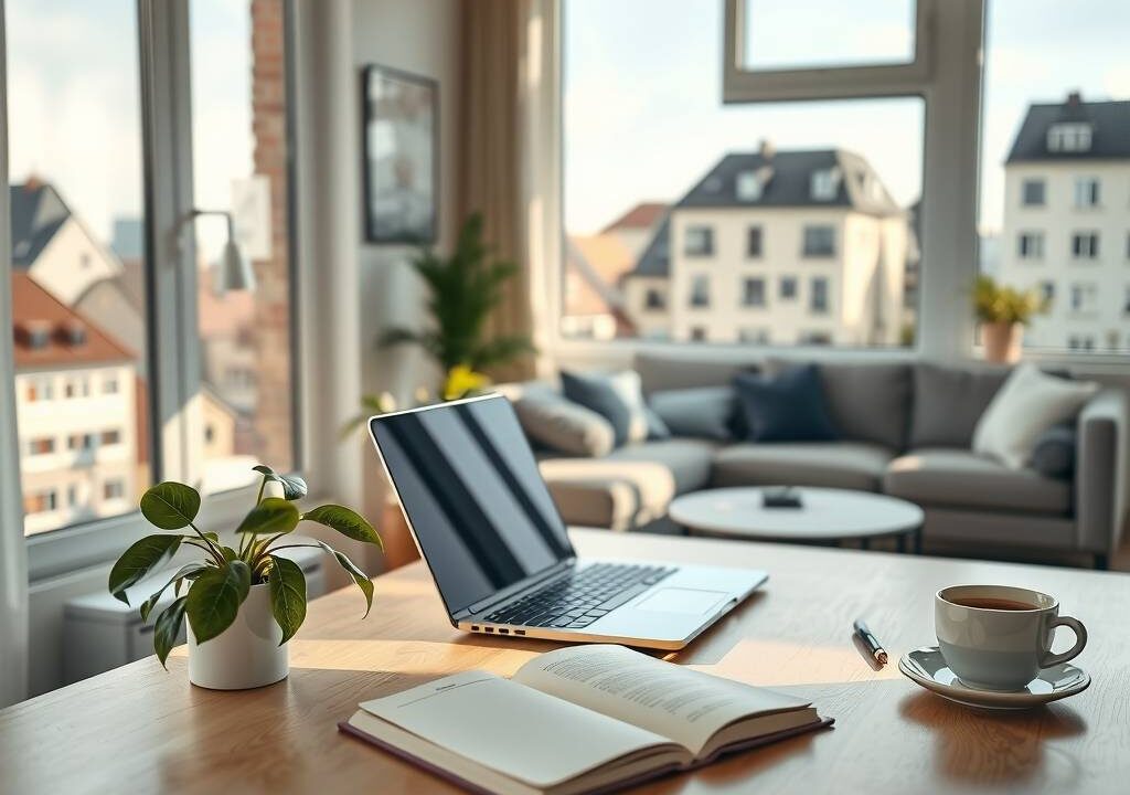 A photorealistic 16:9 image depicting the modern German home office. The scene shows a clean, minimalist home workspace in a bright, sunlit German apartment. A sleek laptop and a notebook are open on a modern wooden desk, next to a healthy potted plant and a cup of coffee. A large window reveals a view of a typical German cityscape with modern and traditional buildings. In the soft focus background, a comfortable living area with a sofa is visible, symbolizing the blurred line between work and private life. The lighting is warm and natural, creating an atmosphere of focus, productivity, and balance.