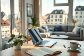 A photorealistic 16:9 image depicting the modern German home office. The scene shows a clean, minimalist home workspace in a bright, sunlit German apartment. A sleek laptop and a notebook are open on a modern wooden desk, next to a healthy potted plant and a cup of coffee. A large window reveals a view of a typical German cityscape with modern and traditional buildings. In the soft focus background, a comfortable living area with a sofa is visible, symbolizing the blurred line between work and private life. The lighting is warm and natural, creating an atmosphere of focus, productivity, and balance.