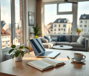 A photorealistic 16:9 image depicting the modern German home office. The scene shows a clean, minimalist home workspace in a bright, sunlit German apartment. A sleek laptop and a notebook are open on a modern wooden desk, next to a healthy potted plant and a cup of coffee. A large window reveals a view of a typical German cityscape with modern and traditional buildings. In the soft focus background, a comfortable living area with a sofa is visible, symbolizing the blurred line between work and private life. The lighting is warm and natural, creating an atmosphere of focus, productivity, and balance.
