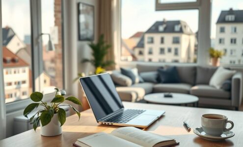 A photorealistic 16:9 image depicting the modern German home office. The scene shows a clean, minimalist home workspace in a bright, sunlit German apartment. A sleek laptop and a notebook are open on a modern wooden desk, next to a healthy potted plant and a cup of coffee. A large window reveals a view of a typical German cityscape with modern and traditional buildings. In the soft focus background, a comfortable living area with a sofa is visible, symbolizing the blurred line between work and private life. The lighting is warm and natural, creating an atmosphere of focus, productivity, and balance.