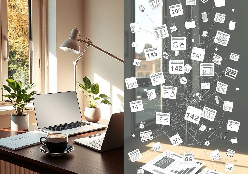 A photorealistic, wide 16:9 image depicting the duality of modern home office in Germany. On the left side, a sunlit, stylish home workspace with a sleek laptop, a healthy green plant, and a cup of coffee, representing freedom and comfort. A window shows a pleasant suburban view. On the right side, the same scene is visually deconstructed into a complex, semi-transparent overlay of daunting bureaucratic elements: faint, floating icons of German tax forms (Steuererklärung), legal paragraphs (§), calendar deadlines, and tangled organizational charts. These elements cast subtle shadows over the orderly desk, symbolizing the hidden challenges. The lighting is professional and clear, with a focus on the contrast between the serene surface and the intricate, looming web of responsibilities.