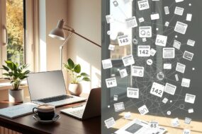 A photorealistic, wide 16:9 image depicting the duality of modern home office in Germany. On the left side, a sunlit, stylish home workspace with a sleek laptop, a healthy green plant, and a cup of coffee, representing freedom and comfort. A window shows a pleasant suburban view. On the right side, the same scene is visually deconstructed into a complex, semi-transparent overlay of daunting bureaucratic elements: faint, floating icons of German tax forms (Steuererklärung), legal paragraphs (§), calendar deadlines, and tangled organizational charts. These elements cast subtle shadows over the orderly desk, symbolizing the hidden challenges. The lighting is professional and clear, with a focus on the contrast between the serene surface and the intricate, looming web of responsibilities.