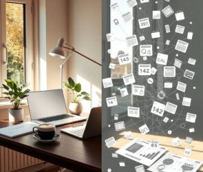 A photorealistic, wide 16:9 image depicting the duality of modern home office in Germany. On the left side, a sunlit, stylish home workspace with a sleek laptop, a healthy green plant, and a cup of coffee, representing freedom and comfort. A window shows a pleasant suburban view. On the right side, the same scene is visually deconstructed into a complex, semi-transparent overlay of daunting bureaucratic elements: faint, floating icons of German tax forms (Steuererklärung), legal paragraphs (§), calendar deadlines, and tangled organizational charts. These elements cast subtle shadows over the orderly desk, symbolizing the hidden challenges. The lighting is professional and clear, with a focus on the contrast between the serene surface and the intricate, looming web of responsibilities.