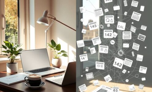 A photorealistic, wide 16:9 image depicting the duality of modern home office in Germany. On the left side, a sunlit, stylish home workspace with a sleek laptop, a healthy green plant, and a cup of coffee, representing freedom and comfort. A window shows a pleasant suburban view. On the right side, the same scene is visually deconstructed into a complex, semi-transparent overlay of daunting bureaucratic elements: faint, floating icons of German tax forms (Steuererklärung), legal paragraphs (§), calendar deadlines, and tangled organizational charts. These elements cast subtle shadows over the orderly desk, symbolizing the hidden challenges. The lighting is professional and clear, with a focus on the contrast between the serene surface and the intricate, looming web of responsibilities.