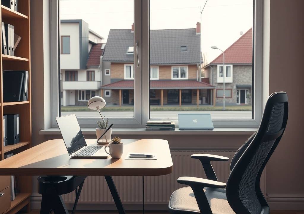 A photorealistic wide shot of a modern, sunlit home office in Germany, featuring a clean wooden desk with a laptop, a steaming coffee mug, a small succulent plant, and a sleek ergonomic chair. In the background, a large window overlooks a quiet suburban street with typical German architecture—sloped roofs and brick facades—while a neatly organized bookshelf with binders and legal documents sits against the wall. Soft natural light casts gentle shadows, highlighting a subtle balance between productivity and comfort. The scene is devoid of people, faces, or text, with a calm, professional atmosphere emphasizing flexibility and order. Aspect ratio 16:9.