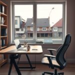A photorealistic wide shot of a modern, sunlit home office in Germany, featuring a clean wooden desk with a laptop, a steaming coffee mug, a small succulent plant, and a sleek ergonomic chair. In the background, a large window overlooks a quiet suburban street with typical German architecture—sloped roofs and brick facades—while a neatly organized bookshelf with binders and legal documents sits against the wall. Soft natural light casts gentle shadows, highlighting a subtle balance between productivity and comfort. The scene is devoid of people, faces, or text, with a calm, professional atmosphere emphasizing flexibility and order. Aspect ratio 16:9.