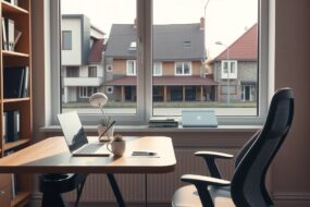 A photorealistic wide shot of a modern, sunlit home office in Germany, featuring a clean wooden desk with a laptop, a steaming coffee mug, a small succulent plant, and a sleek ergonomic chair. In the background, a large window overlooks a quiet suburban street with typical German architecture—sloped roofs and brick facades—while a neatly organized bookshelf with binders and legal documents sits against the wall. Soft natural light casts gentle shadows, highlighting a subtle balance between productivity and comfort. The scene is devoid of people, faces, or text, with a calm, professional atmosphere emphasizing flexibility and order. Aspect ratio 16:9.