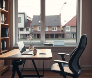 A photorealistic wide shot of a modern, sunlit home office in Germany, featuring a clean wooden desk with a laptop, a steaming coffee mug, a small succulent plant, and a sleek ergonomic chair. In the background, a large window overlooks a quiet suburban street with typical German architecture—sloped roofs and brick facades—while a neatly organized bookshelf with binders and legal documents sits against the wall. Soft natural light casts gentle shadows, highlighting a subtle balance between productivity and comfort. The scene is devoid of people, faces, or text, with a calm, professional atmosphere emphasizing flexibility and order. Aspect ratio 16:9.
