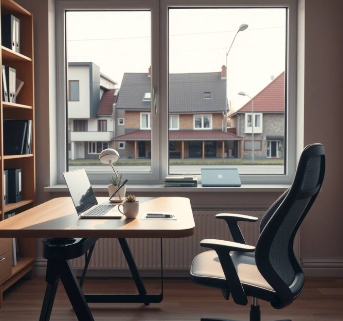 A photorealistic wide shot of a modern, sunlit home office in Germany, featuring a clean wooden desk with a laptop, a steaming coffee mug, a small succulent plant, and a sleek ergonomic chair. In the background, a large window overlooks a quiet suburban street with typical German architecture—sloped roofs and brick facades—while a neatly organized bookshelf with binders and legal documents sits against the wall. Soft natural light casts gentle shadows, highlighting a subtle balance between productivity and comfort. The scene is devoid of people, faces, or text, with a calm, professional atmosphere emphasizing flexibility and order. Aspect ratio 16:9.