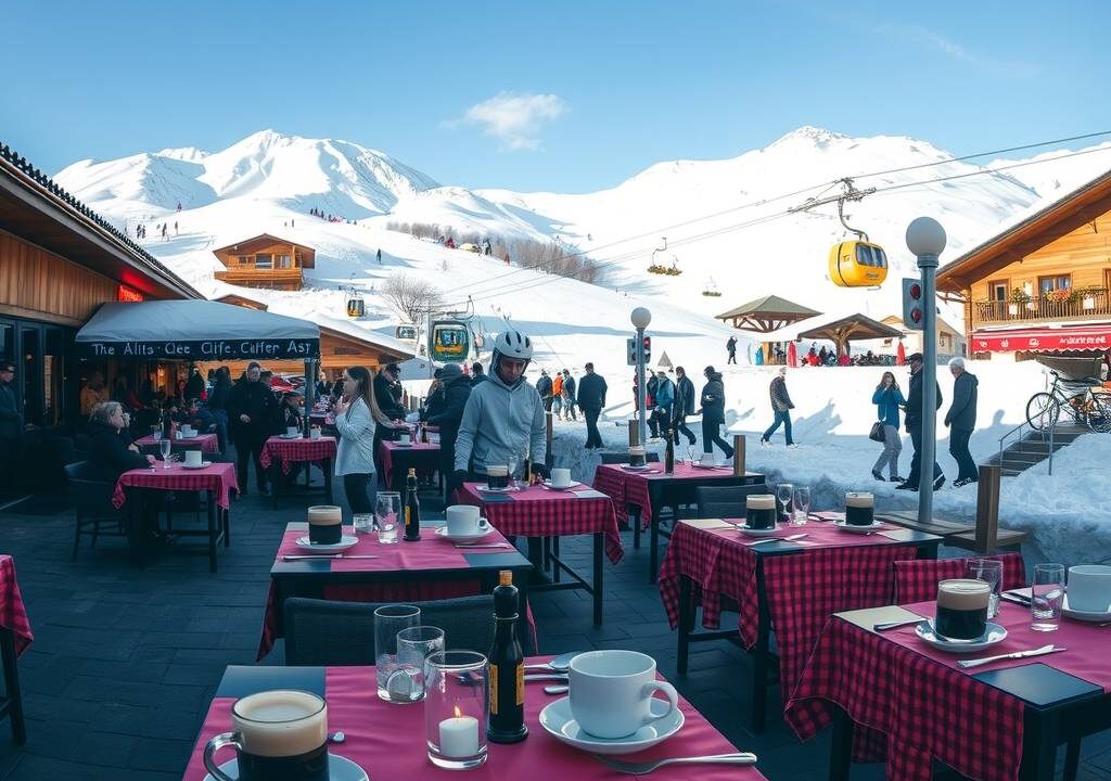 A panoramic, photorealistic winter scene of a bustling ski resort in the German Alps, shot in 16:9 format. In the foreground, a neatly set outdoor dining terrace of a mountain restaurant features empty tables with red-checkered cloths, steaming coffee cups, and lit candles, suggesting a peak season atmosphere. The background shows snow-covered slopes, a ski lift, and guests in winter gear arriving and departing. The lighting is soft natural daylight with clear blue sky, emphasizing a dynamic yet inviting hospitality environment. No text, logos, or visible faces are present. The image conveys the high demand for service staff in seasonal tourism.
