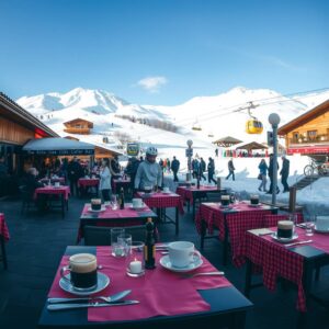 A panoramic, photorealistic winter scene of a bustling ski resort in the German Alps, shot in 16:9 format. In the foreground, a neatly set outdoor dining terrace of a mountain restaurant features empty tables with red-checkered cloths, steaming coffee cups, and lit candles, suggesting a peak season atmosphere. The background shows snow-covered slopes, a ski lift, and guests in winter gear arriving and departing. The lighting is soft natural daylight with clear blue sky, emphasizing a dynamic yet inviting hospitality environment. No text, logos, or visible faces are present. The image conveys the high demand for service staff in seasonal tourism.
