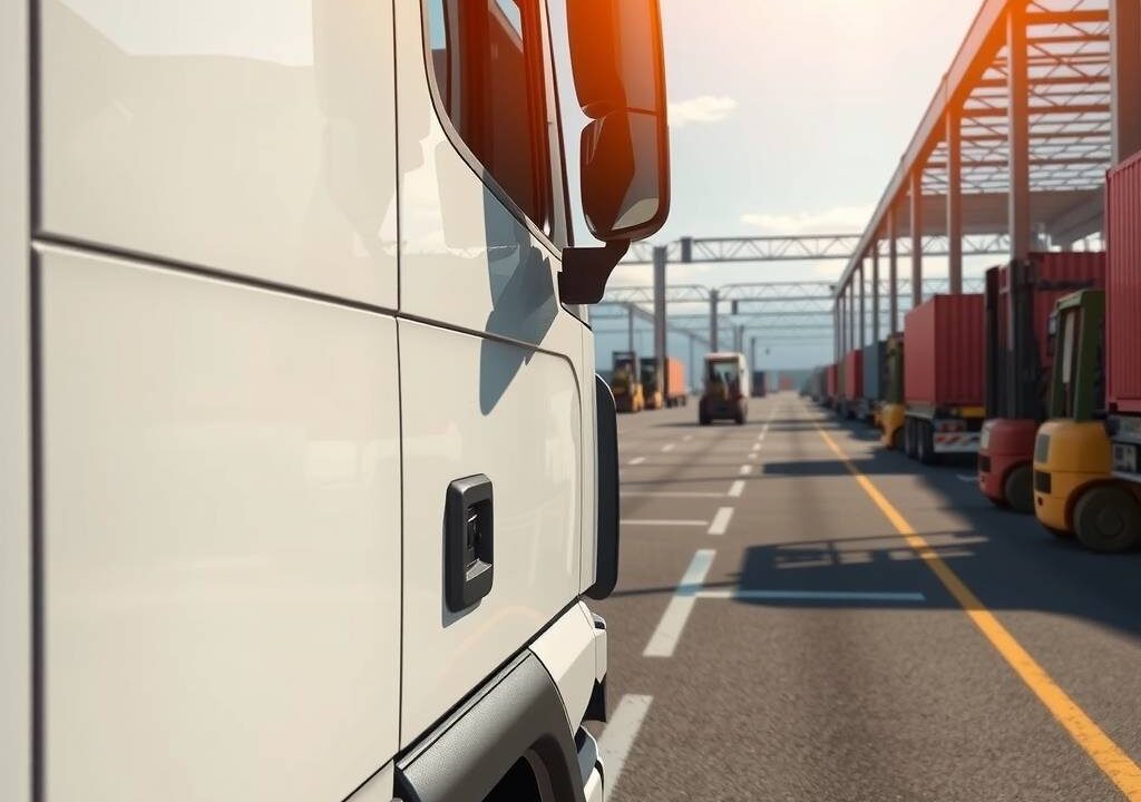 A photorealistic, 16:9 image depicting the German transport and logistics sector. The foreground shows the detailed, clean side panel of a modern, white heavy-goods truck (LKW) parked at a large, sunlit logistics hub. The truck's door is slightly open, suggesting opportunity. In the mid-ground, the expansive logistics terminal buzzes with activity: orderly rows of containers, forklifts moving pallets, and other trucks in the distance, all under a clear blue sky. The scene conveys efficiency, scale, and a sense of critical infrastructure in motion. The lighting is bright and professional, highlighting the industry's modernity and essential role.