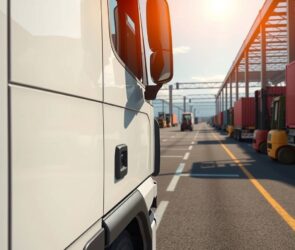 A photorealistic, 16:9 image depicting the German transport and logistics sector. The foreground shows the detailed, clean side panel of a modern, white heavy-goods truck (LKW) parked at a large, sunlit logistics hub. The truck's door is slightly open, suggesting opportunity. In the mid-ground, the expansive logistics terminal buzzes with activity: orderly rows of containers, forklifts moving pallets, and other trucks in the distance, all under a clear blue sky. The scene conveys efficiency, scale, and a sense of critical infrastructure in motion. The lighting is bright and professional, highlighting the industry's modernity and essential role.