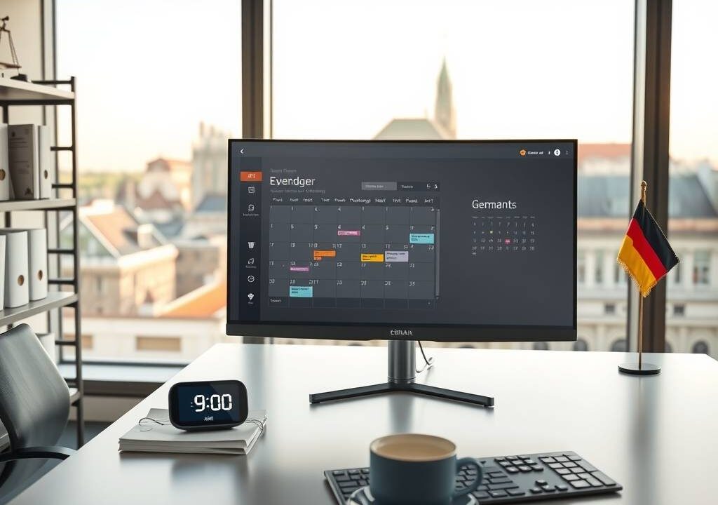 A photorealistic 16:9 image of a modern German office interior, 2026. The scene shows a clean, minimalist desk with a high-end monitor displaying a detailed digital calendar and time-tracking software interface. On the desk, a small clock shows 9:00 AM, next to a cup of coffee and a sleek keyboard. In the background, soft natural light from a large window illuminates a blurred cityscape with contemporary architecture. No people or faces are visible. The atmosphere is professional, calm, and organized, with subtle legal documents and a small German flag on the shelf, emphasizing structure and compliance.