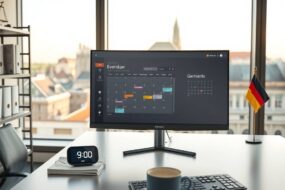 A photorealistic 16:9 image of a modern German office interior, 2026. The scene shows a clean, minimalist desk with a high-end monitor displaying a detailed digital calendar and time-tracking software interface. On the desk, a small clock shows 9:00 AM, next to a cup of coffee and a sleek keyboard. In the background, soft natural light from a large window illuminates a blurred cityscape with contemporary architecture. No people or faces are visible. The atmosphere is professional, calm, and organized, with subtle legal documents and a small German flag on the shelf, emphasizing structure and compliance.