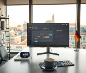 A photorealistic 16:9 image of a modern German office interior, 2026. The scene shows a clean, minimalist desk with a high-end monitor displaying a detailed digital calendar and time-tracking software interface. On the desk, a small clock shows 9:00 AM, next to a cup of coffee and a sleek keyboard. In the background, soft natural light from a large window illuminates a blurred cityscape with contemporary architecture. No people or faces are visible. The atmosphere is professional, calm, and organized, with subtle legal documents and a small German flag on the shelf, emphasizing structure and compliance.