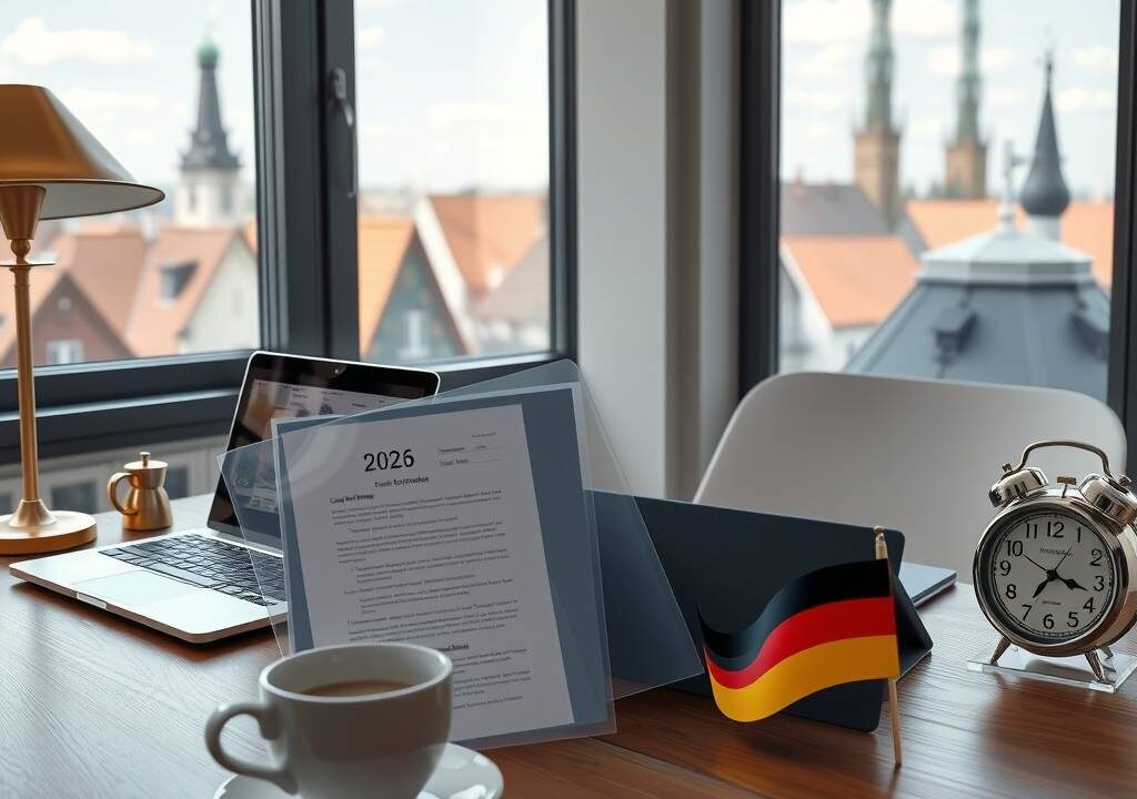 A photorealistic wide-angle shot of a modern, minimalist German office interior in 2026. A clean wooden desk holds a sleek laptop displaying a digital calendar and a brass desk lamp. Beside it, a transparent document folder reveals a formal contract with a prominent "2026" watermark, next to a small German flag. A steaming coffee cup and an analog clock showing 9:00 AM sit nearby. In the background, a large window overlooks a sunny cityscape with historic rooftops, with soft natural light casting subtle shadows. The scene conveys professionalism, legal precision, and financial stability. No text, no faces. 16:9 aspect ratio.