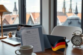 A photorealistic wide-angle shot of a modern, minimalist German office interior in 2026. A clean wooden desk holds a sleek laptop displaying a digital calendar and a brass desk lamp. Beside it, a transparent document folder reveals a formal contract with a prominent "2026" watermark, next to a small German flag. A steaming coffee cup and an analog clock showing 9:00 AM sit nearby. In the background, a large window overlooks a sunny cityscape with historic rooftops, with soft natural light casting subtle shadows. The scene conveys professionalism, legal precision, and financial stability. No text, no faces. 16:9 aspect ratio.