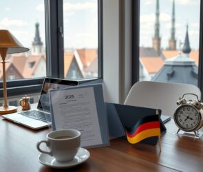 A photorealistic wide-angle shot of a modern, minimalist German office interior in 2026. A clean wooden desk holds a sleek laptop displaying a digital calendar and a brass desk lamp. Beside it, a transparent document folder reveals a formal contract with a prominent "2026" watermark, next to a small German flag. A steaming coffee cup and an analog clock showing 9:00 AM sit nearby. In the background, a large window overlooks a sunny cityscape with historic rooftops, with soft natural light casting subtle shadows. The scene conveys professionalism, legal precision, and financial stability. No text, no faces. 16:9 aspect ratio.