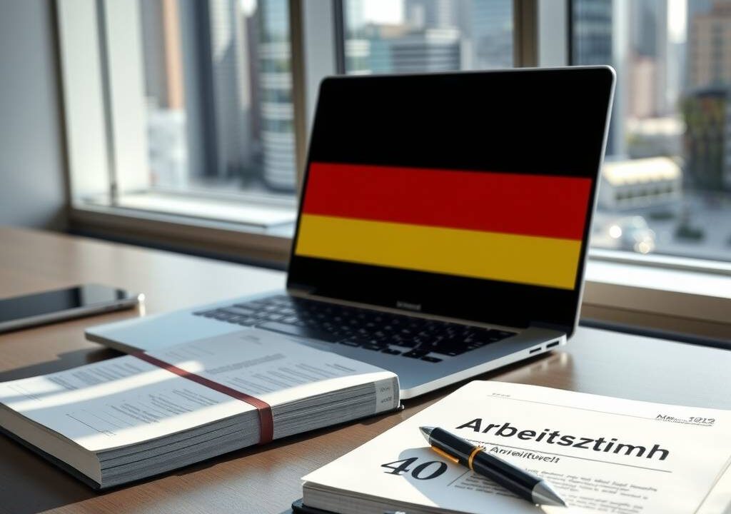 A professional, photorealistic image in a 16:9 aspect ratio. The scene is a modern, minimalist German office with a clean, organized desk as the focal point. On the desk, a sleek laptop is open, displaying a simplified, abstract graphic of the German flag merging with a bar chart. Next to it lies a printed copy of the "Gesetzbuch" (law book) with a section on "Arbeitszeit" (working hours) subtly highlighted. A classic, high-quality pen rests on a notepad where the number "40" is written neatly. In the soft background, out of focus, a blurred cityscape of Frankfurt with its skyscrapers is visible through a large window, symbolizing the stable economic environment. The lighting is bright, clear, and professional, casting soft shadows and emphasizing a sense of order, structure, and forward-looking stability. No human faces or text are visible.